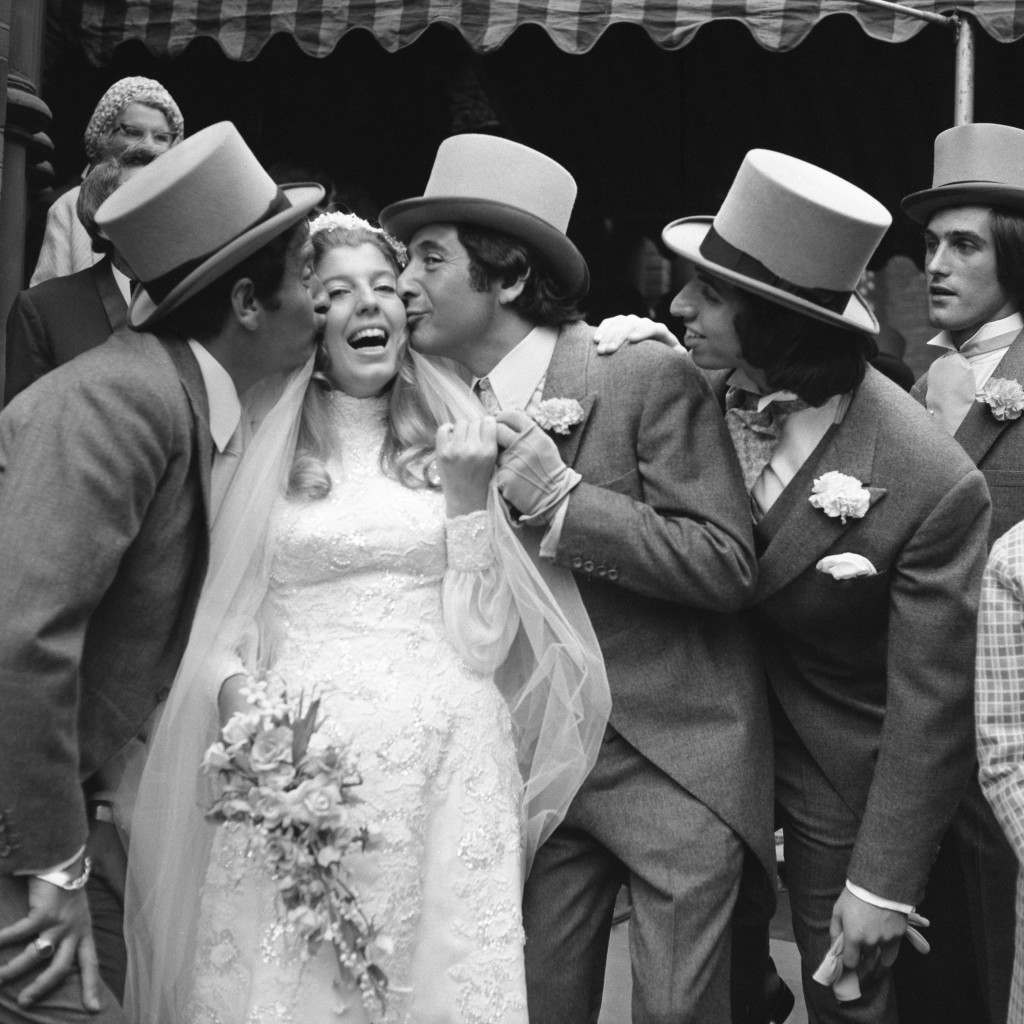 Bride Beverley Wise and groom Lawrence Swycher, both 22, with comedians Mike Winters (second right) and Bernie Winters (left) at the West End Synagogue in St Petersburgh Place, London. Beverley is the niece of the comedy duo. archive-pa158455-3 Ref #: PA.17420578  Date: 03/09/1972