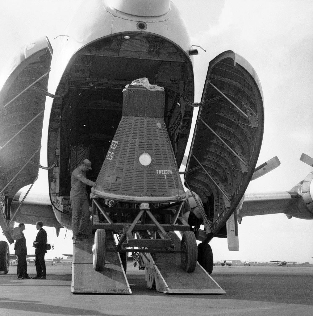 ?Freedom 7?, the capsule Commander Alan B. Shepard rode into space, is unloaded from a ?Globemaster? plane at Rome?s Ciampino airport, June 10, 1961. The capsule will be displayed at the American exhibit at the International Electronic and Nuclear Fair, which will open on June 13, at the Universal Exposition complex in Rome. (AP Photo/Mario Torrisi) Ref #: PA.8611645  