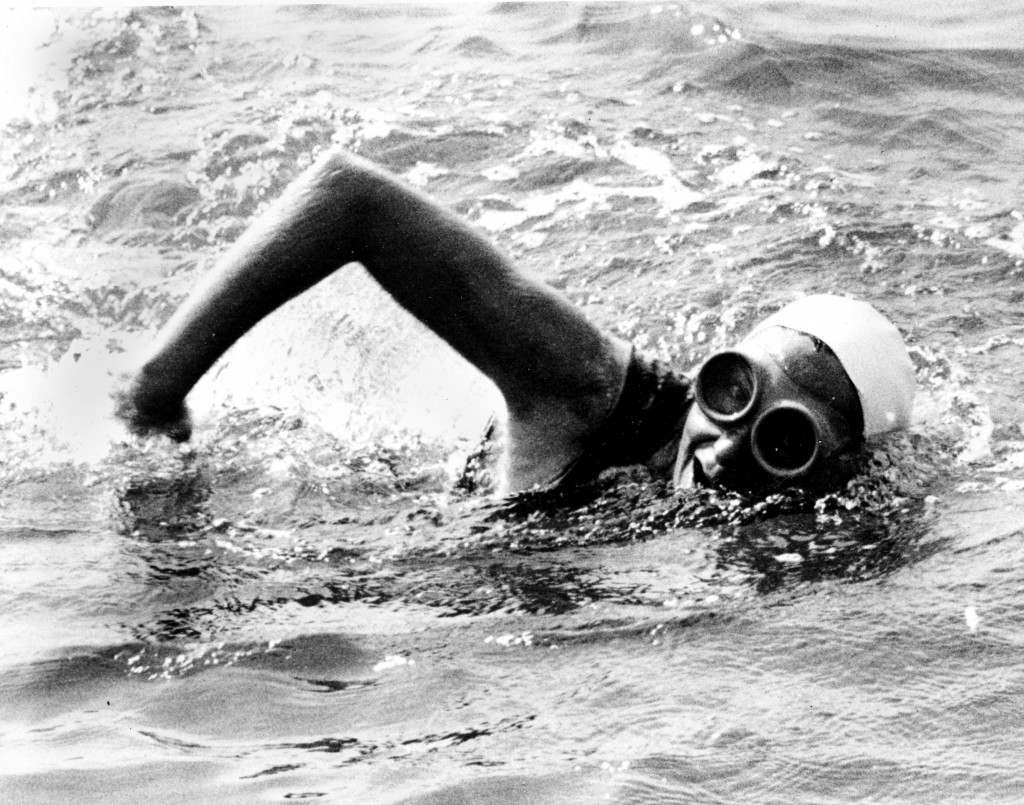 Florence Chadwick is shown four miles off the Dover shore during her record-breaking swim across the English Channel, England, on Aug. 8, 1950. The 31-year-old swimmer from San Diego, Ca., arrived at Dover, Kent, 13 hours and 28 minutes after leaving Cap Gris Nez, France. Chadwick broke the women's record of 14 hours and 34 minutes set in 1926 by Gertrude Ederle. (AP Photo) Ref #: PA.8637114  Date: 08/08/1950