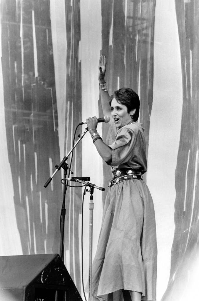 Singer Joan Baez sings at the Live Aid concert at JFK Stadium in Philadelphia, PA., on July 13, 1985. (AP Photo/Rusty Kennedy) PA-8669547