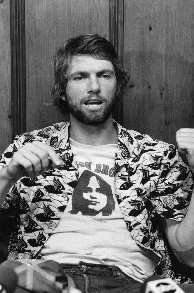 Montreal Expos pitcher Bill Lee, wearing a Jackson Browne t-shirt, talks to reporters in a news conference at the offices of the American Civil Liberties Union in New York City on Sept. 20, 1979. Lee was fined $250 by baseball commissioner Bowie Kuhn for marijuana use and is suing major league baseball in response, claiming abuse of his feedom of speech. (AP Photo) Ref #: PA.8683496  