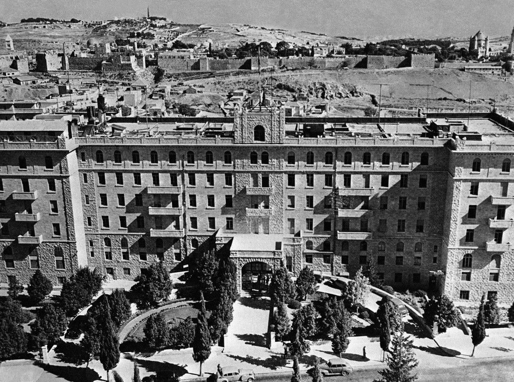 Jerusalem, Golden city of the old world, has now become an attractive city full of contrasting ancient and modern forms of architecture. The King David Hotel, JerusalemÂs best, where the high military officers have their quarters. In the background can be seen the wall of the Holy City with the Mount of Olives in the distance, on Nov. 16, 1945. (AP Photo/Frank Noel) Ref #: PA.9912669 Date: 16/11/1945 