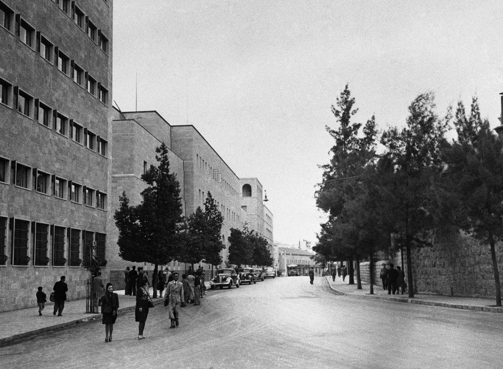 The long building in centre is the Post Office building, one of the most modern structures in Jerusalem, Israel, on Nov. 28, 1945. (AP Photo) Ref #: PA.9933853 Date: 28/11/1945