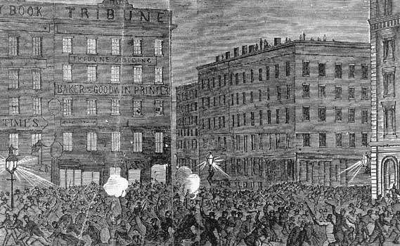 Rioters attacking the offices of the New York Tribune, a leading Republican newspaper, during the Draft Riot of 1863. Library of Congress, Washington, D.C.