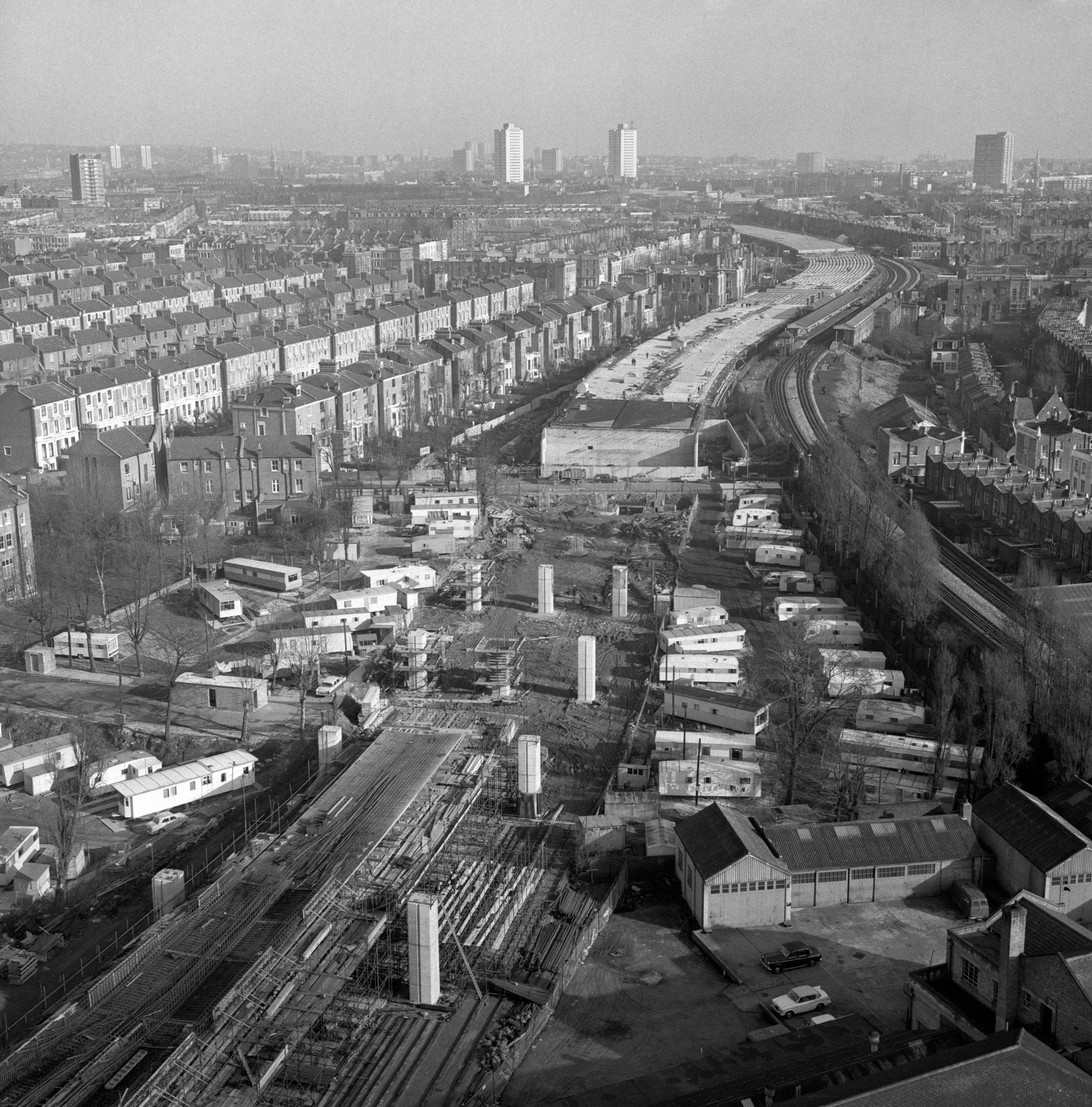 The Westway under construction, a 2.5 mile long elevated dual carriageway section of the A40 route in west London running from Paddington to North Kensington. It was built to relieve congestion at Shepherd's Bush caused by traffic from Western Avenue.