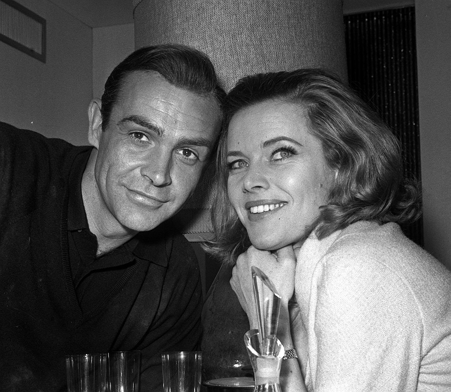 Honor Blackman (Pussy Galore) meets Sean Connery (James Bond) for the first time before filming of the third Bond movie 'Goldfinger'.