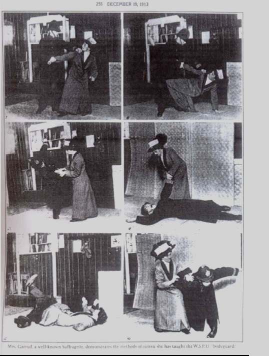Mrs Garrud demonstrating her Ju-Jitsu skills against a 'policeman'.