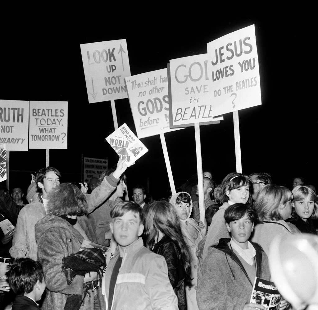 Young churchfolk from nearby Sunnyvale on the San Francisco Peninsula protest against the Beatles and John Lennon's remark that the Beatles are more popular than Jesus.