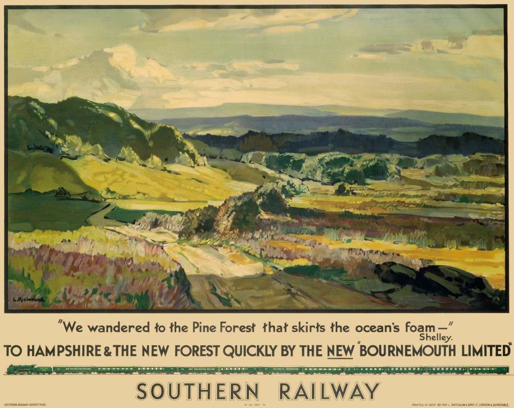 ‘To Hampshire and the New Forest Quickly by the New “Bournemouth Limited”’. Poster produced for Southern Railway. Artwork by Leonard Richmond, who studied at the Taunton School of Art and Chelsea Polytechnic and exhibited widely both in London and abroad.