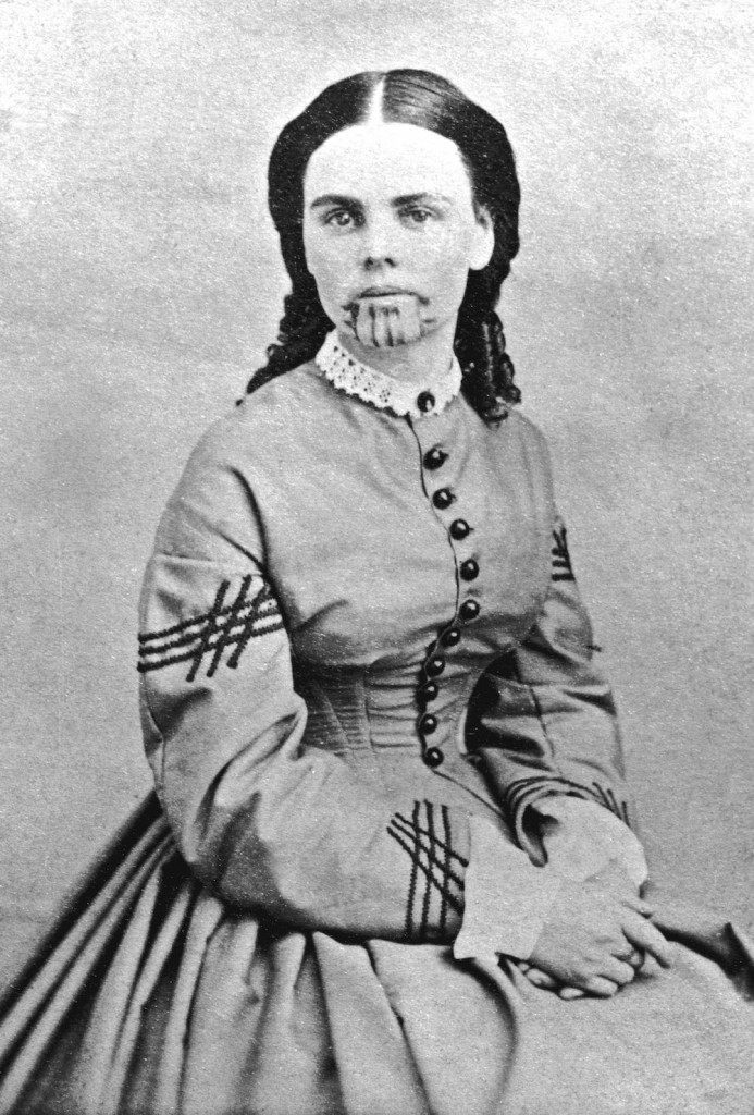 circa 1860:  Studio portrait of Olive Oatman (1837 - 1903) who was the only member of her family to survive being captured by Yavapai Indians. She was sold to the Mojave tribe who treated her kindly but tattooed her chin with the mark of a slave.  (Photo by Hulton Archive/Getty Images)