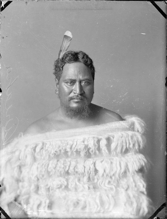 pper body portrait of Nireaha Tamaki, a leading Wairarapa rangatira wearing a kakahu (cloak). Taken by Samuel Carnell circa 1880-1890.