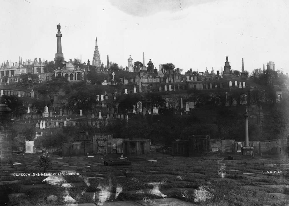 circa 1890: The Necropolis graveyard in Glasgow. Glasgow is the most densely populated city in Scotland and is an important centre of industry and commerce. The city is also home to Hunterian Museum, the country's oldest public museum, and the most complete medieval church on the Scottish mainland. (Photo by London Stereoscopic Company/Getty Images)