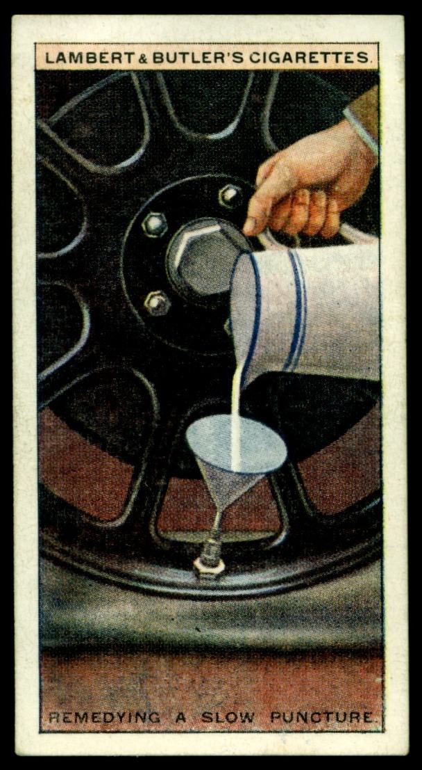 Lambert & Butler's cigarettes "Hints & Tips For Motorists" (series of 25 issued in 1929) #19 Remedying a slow puncture (with milk!)