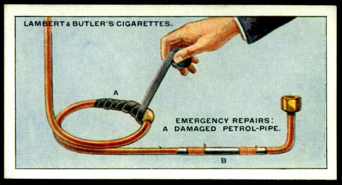 Lambert & Butler's cigarettes "Hints & Tips For Motorists" (series of 25 issued in 1929) #23 Emergency repair of a damaged petrol pipe