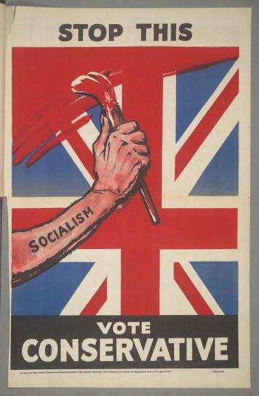 A poster for the British Conservative Party from the 1929 General Election. It depicts the arm of Socialism painting a Union Jack flag red, with the caption 'Stop This. Vote Conservative'.