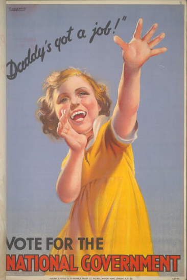 A British Conservative Party poster for the National Government coalition from the 1935 General Election. It depicts a gleeful child shouting 'Daddy's got a job!' with the caption 'Vote for the National Government'. Artwork by Fitzgerald