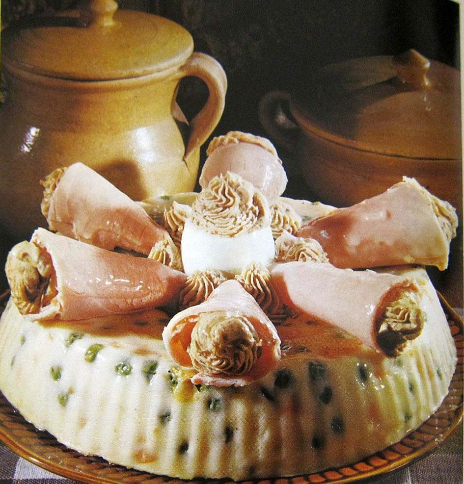 russian salad with ham rolls