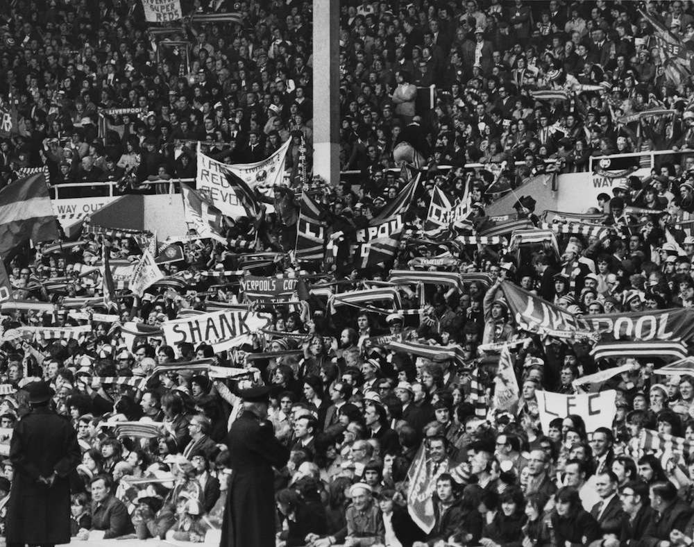 Liverpool fans at Wembley Stadium, London, for the F.A Cup final against Newcastle United, 4th May 1974. Liverpool won 3-0. (Photo by Central Press/Hulton Archive/Getty Images)