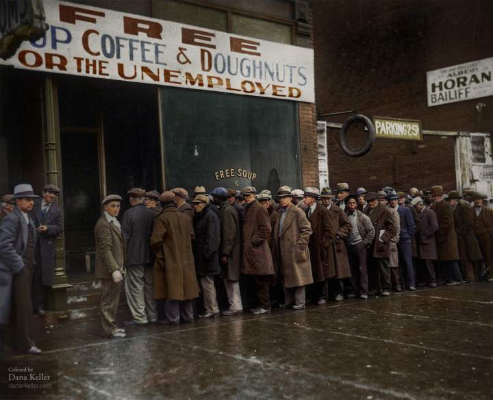 Unemployed men outside Al Capone’s soup kitchen in Chicago during the Great Depression, (1931)