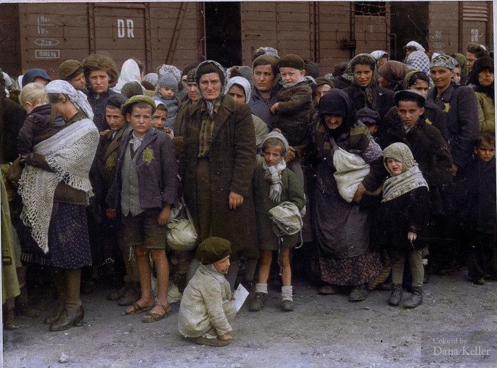 Jewish women and children arriving at the Auschwitz-Birkenau extermination camp, Poland, (1944)