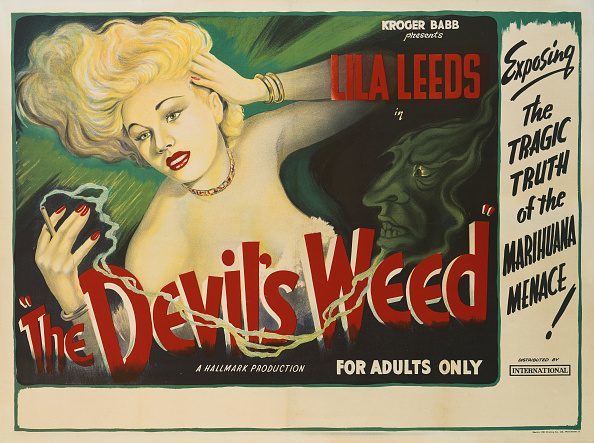 A poster for the British release of Sam Newfield's 1949 exploitation film, 'The Devil's Weed', starring Lila Leeds. The film's alternative titles are: 'She Shoulda Said 'No!', 'Marijuana, the Devil's Weed', and 'The Story of Lila Leeds and Her Expose of the Marijuana Racket'. 