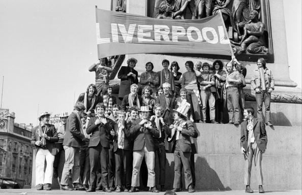  Liverpool fans in Trafalgar Square prior to the FA Cup Final between Liverpool and Arsenal held on May 8, 1971 at Wembley Stadium in London. Arsenal won the match 2-1 to complete the domestic double of the League championship and FA Cup winners. 