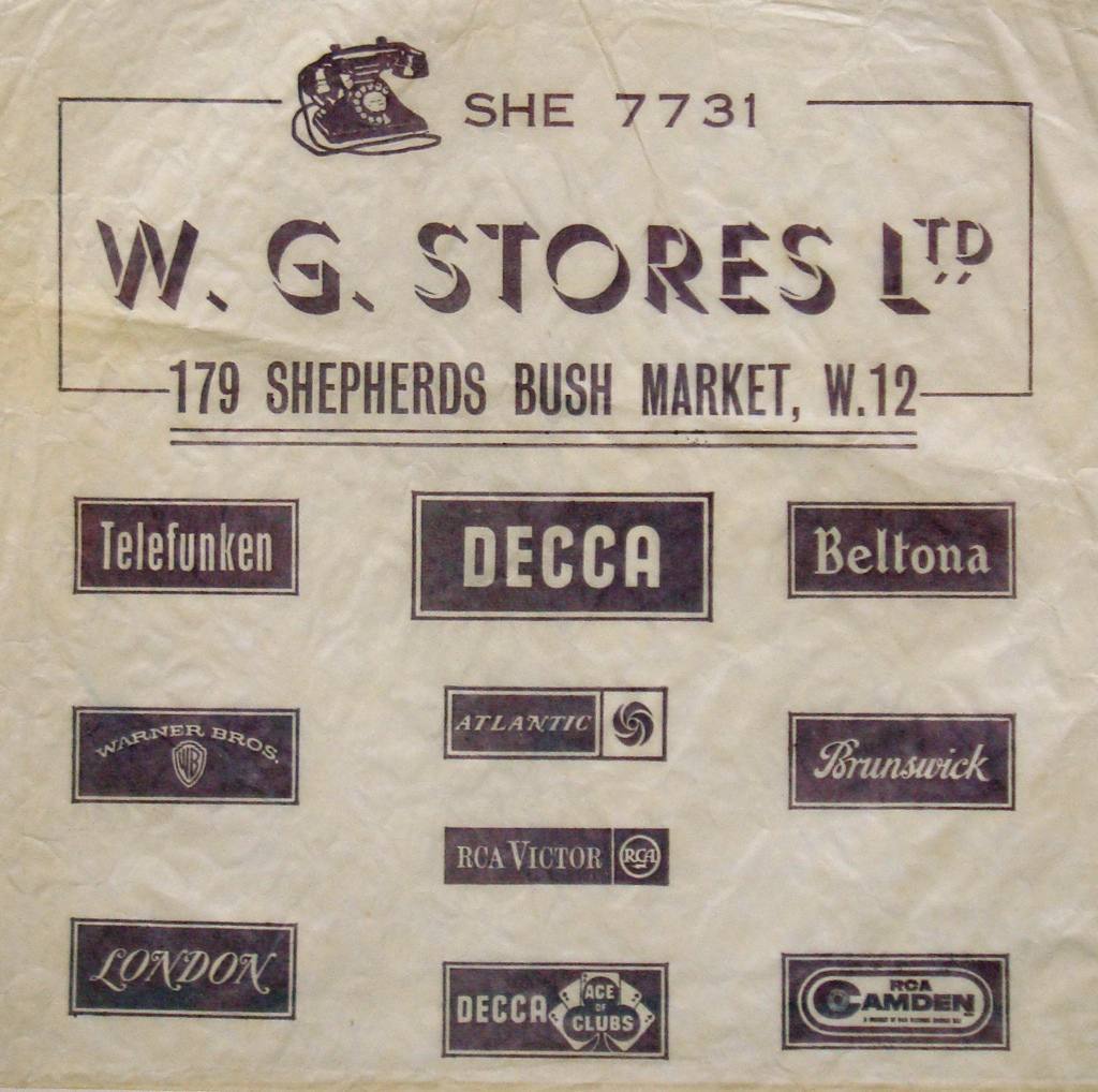 W.G.Stores, Shepherds Bush Market, London, record shop 45 bag. 1965
