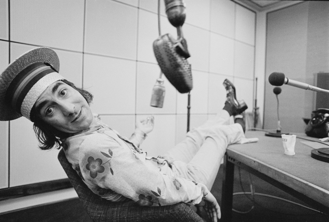 Drummer Keith Moon (1947 - 1978), of British rock group The Who, in a radio studio at Broadcasting House, London, 12th July 1973. Moon is recording skits to play between songs while filling in for disc jockey John Peel on BBC Radio 1's 'Top Gear' programme. (Photo by Jack Kay/Daily Express/Hulton Archive/Getty Images)