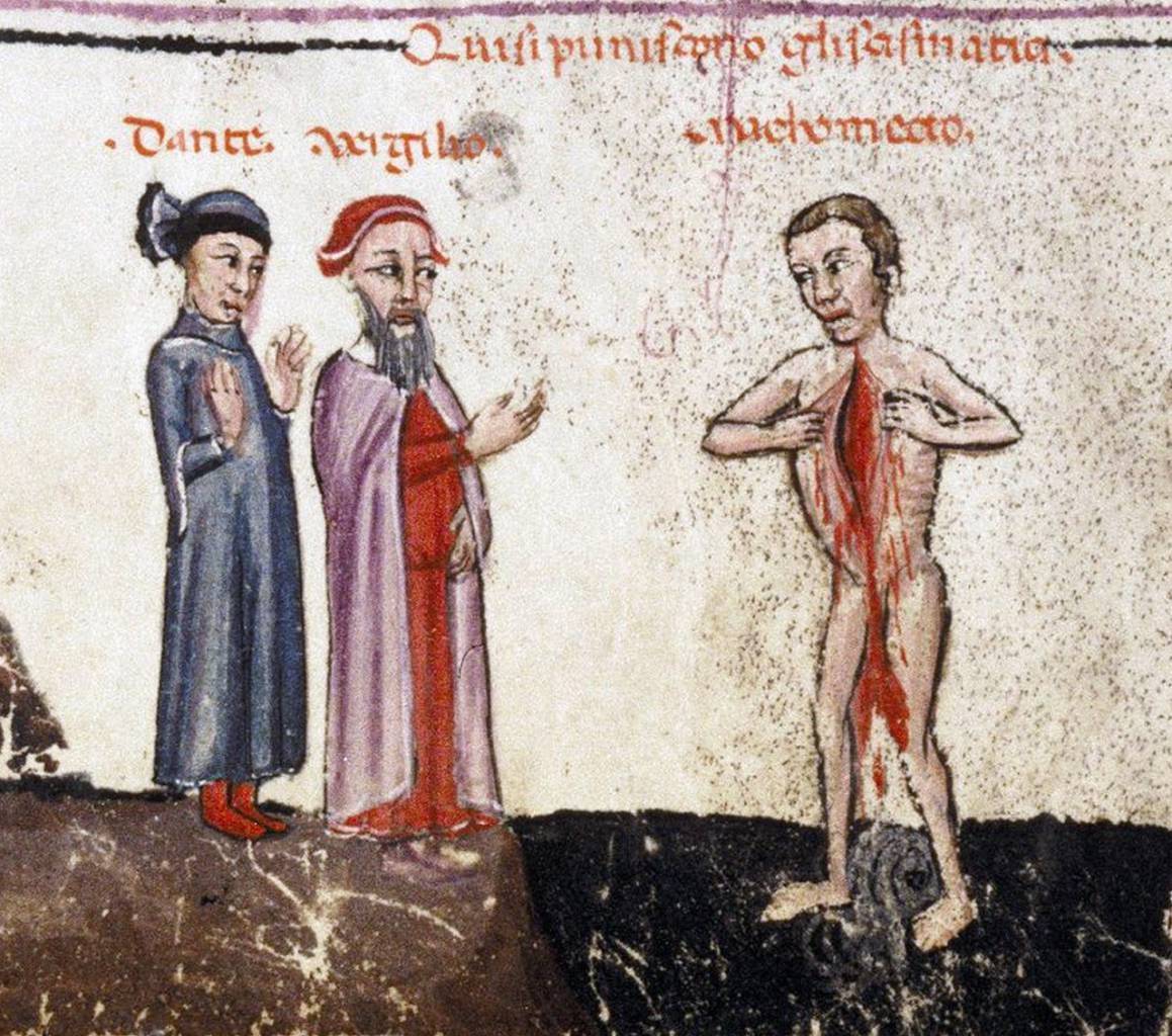 Dante and Virgil meet Muhammad in the eighth circle of Hell