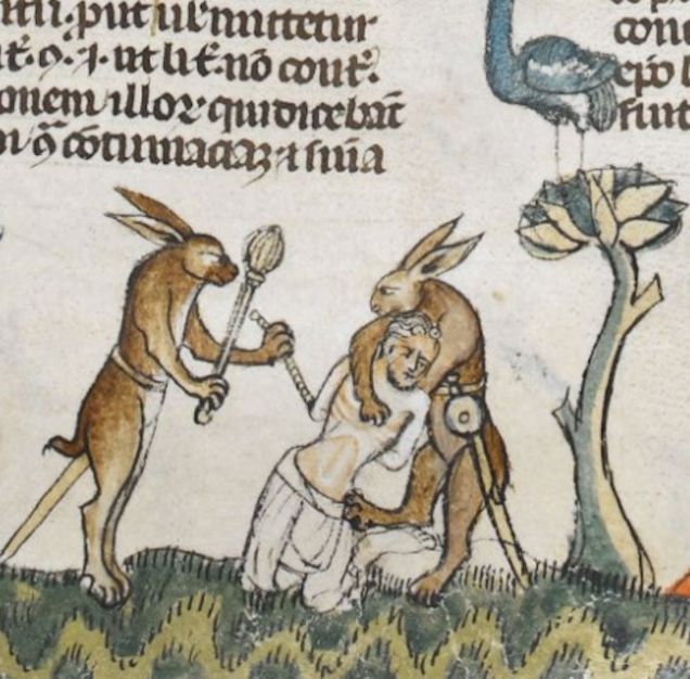 Rabbits killing men in The Smithfield Decretals, c. 1300
