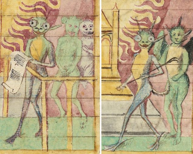 Aliens with a to-do list and a whip, in Livres du roi Modus et de la reine Ratio, France, 15th century