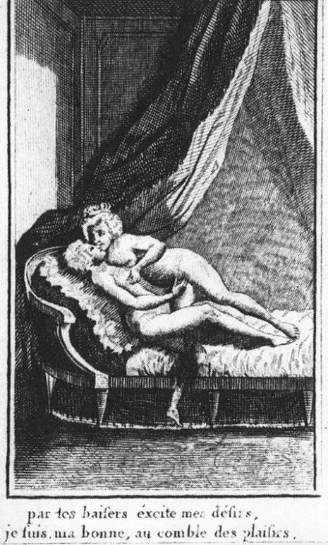 Figure 2. Typical lesbian depiction involving Marie Antoinette and the duchess of Pequigny. Louis Binet. From Marie-Jo Bonnet, Les Deux Amies (paris: Éditions Blanche, 200). Accessed at http://sappho.fromthesquare.org/?p=75 Text reads: “With your kisses, excite my desires, I am, my darling, at the height of pleasure.” Via