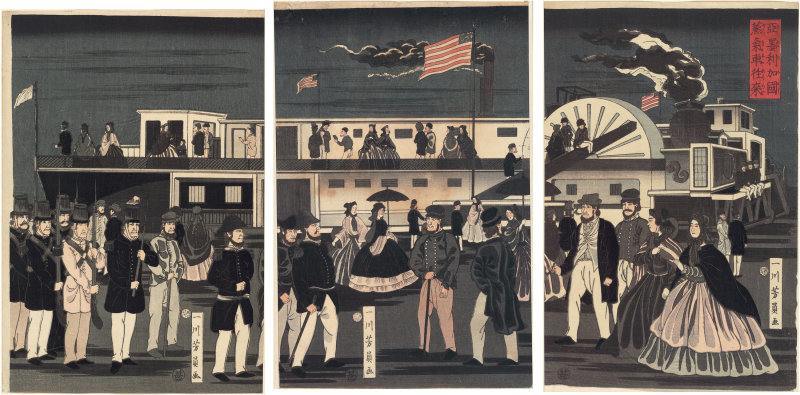 Arrival and Departure of an American Steamship (Amerikakoku jokisha orai), 1861