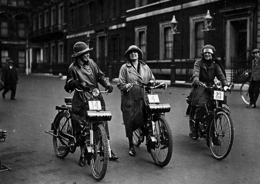 September 1923:  Three women waiting to start their midget motorcycle race.  (Photo by Topical Press Agency/Getty Images)