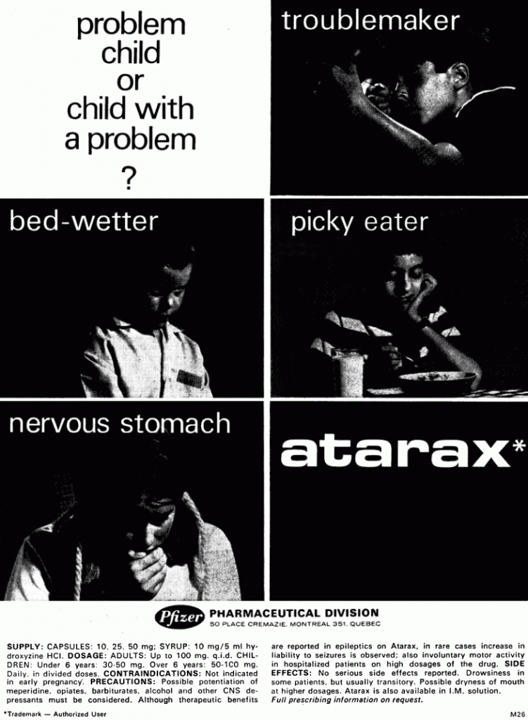 Atarax advertisement, 1970. Canadian Family Physician, Vol. 16, No. 9. Problem child or child with a problem? troublemaker ~ bed-wetter ~ ...
