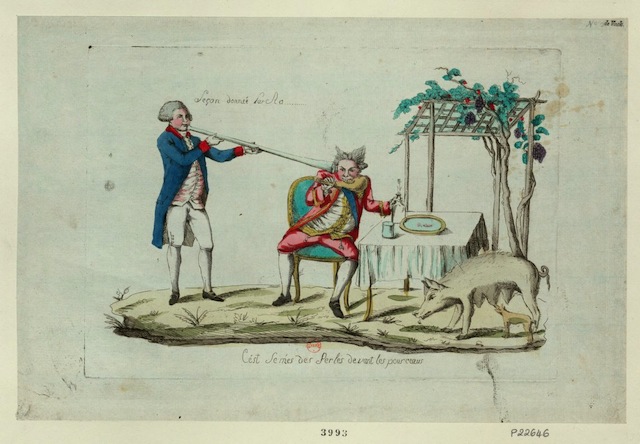 A satiric image of a “lesson” being given to the king (1791) (via French Revolution Digital Archive)
