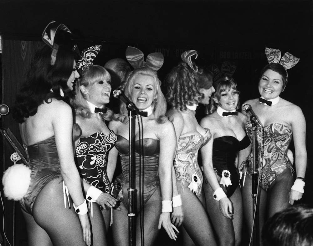 The 'Singing Bunnies' - Bunny Girl waitresses at the London Playboy Club - perform a song during the club's 'Showtime In The Playroom' spot, circa 1972. The group have recorded an album and are, left to right: Elaine Tulley, Heather Colne, Rosemary Lamb, Julie Ann Smith, Jo Anne Wigley and Karen Parkinson. (Photo by Keystone/Hulton Archive/Getty Images)
