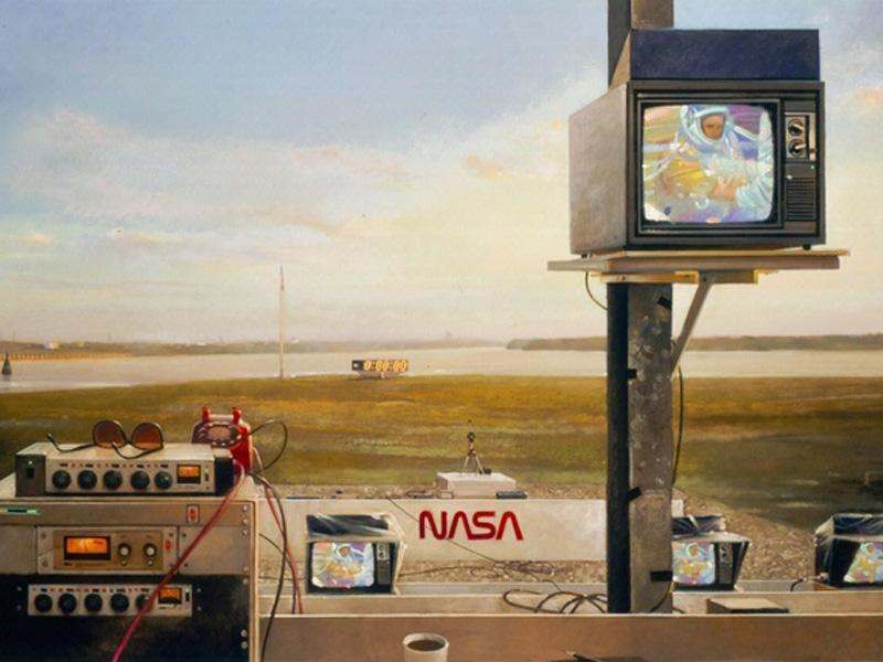 Sunrise Suit Up Artist: Martin Hoffman, 1988 Mixed media Description: Martin Hoffman captures astronaut suit-up in a wholly original way -- through the television screens in the media area at the Kennedy Space Center. The launch pad can be seen in the distance beyond Banana River. It is one moment of calm before the frenzy of launch activity.