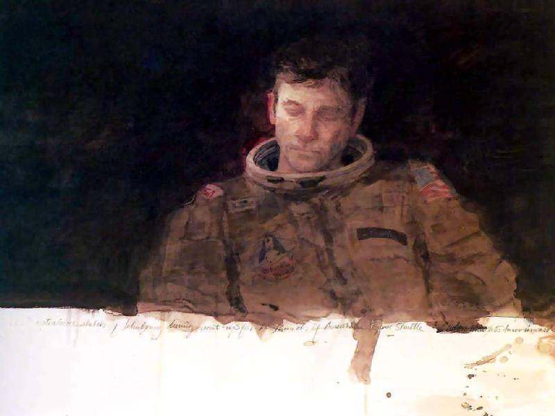 When Thoughts Turn Inwards Artist: Henry Casselli, 1981 Media: Watercolor Astronaut John Young reflects pensively as he suits up for launch on April 12, 1981. Casselli conveys a quiet, almost spiritual moment when the astronaut must mentally prepare for his mission. This was the first time that the newly inaugurated space shuttle would carry humans, in this case the two-person crew of John Young and Robert Crippen.