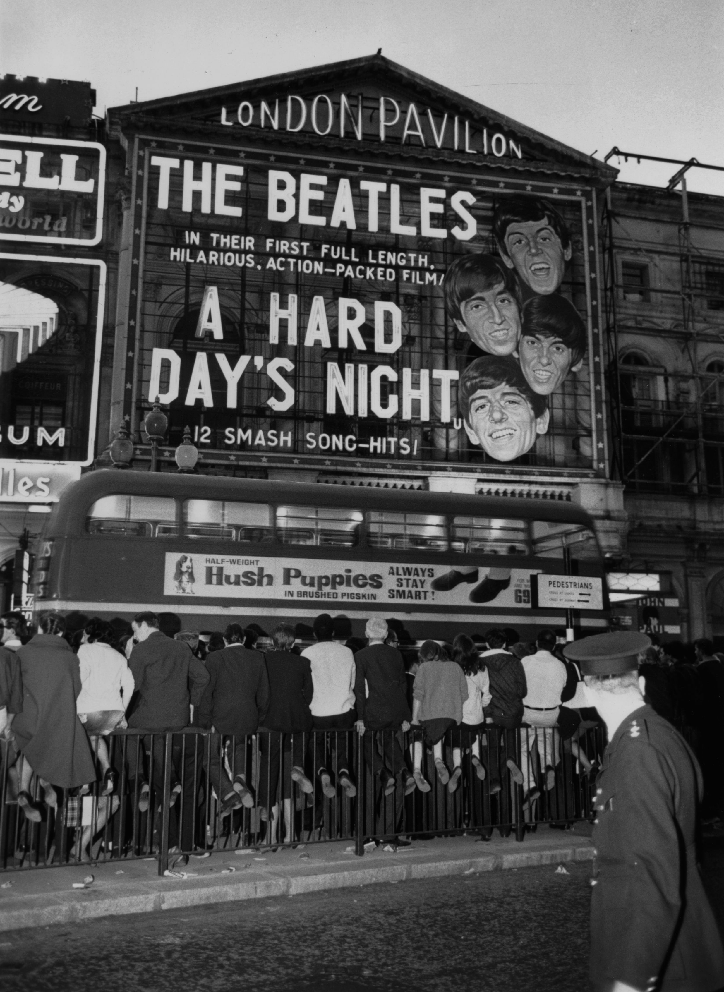 1964: Fans crowding the street outside the London Pavilion before a screening of the Beatles' first feature-length film, 'A Hard Day's Night'. (Photo by Keystone/Getty Images)
