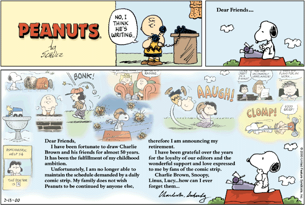 Final Sunday strip, which came out February 13, 2000: one day after the death of Charles M. Schulz