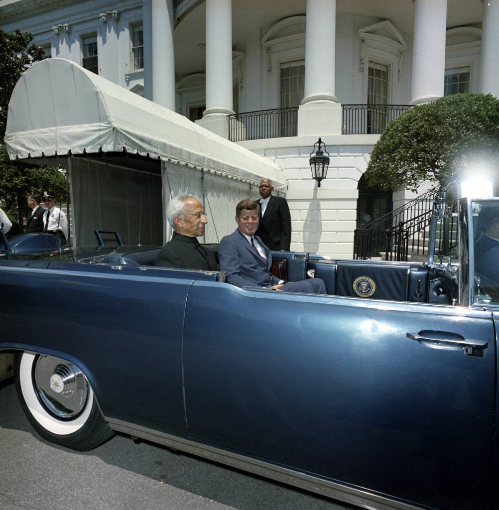 President John F. Kennedy and President Dr. Sarvepalli Radhakrishnan of India in Car before Motorcade