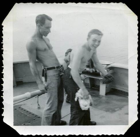 1940s Queer Clowning Around Photo Vintage Snapshot Two Men Shirtless Navy Ship World War 2