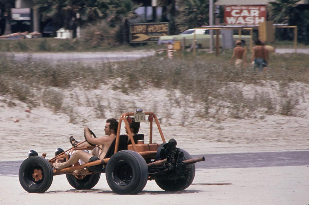 Dune buggy on Stewart Beach on the eastern tip of Galveston Island, July 1972.
