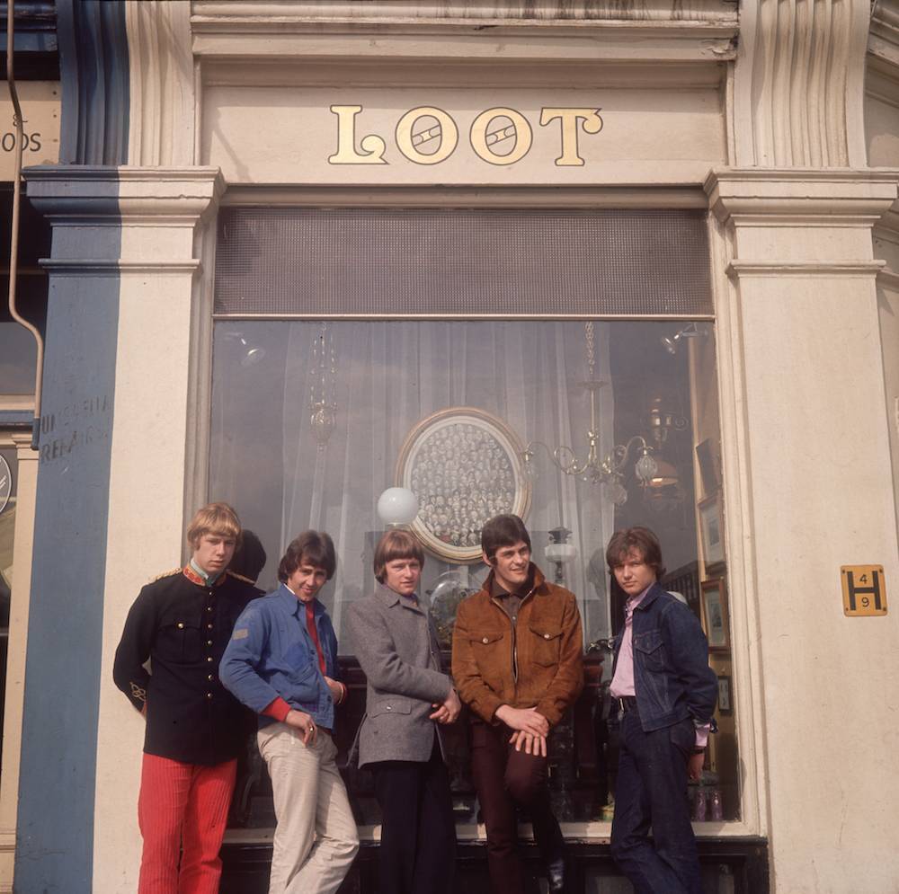 31st March 1967: British pop band The Loot posing outside a shop of the same name. (Photo by Caroline Gillies/BIPs/Getty Images)