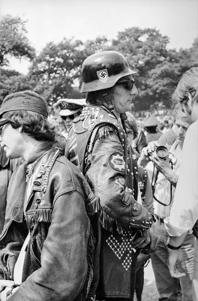 th July 1969: A member of the Hell's Angels provides the security at a Rolling Stones gig in London's Hyde Park. The free outdoor concert was a tribute to recently deceased band member Brian Jones. (Photo by Reg Burkett/Express/Getty Images)