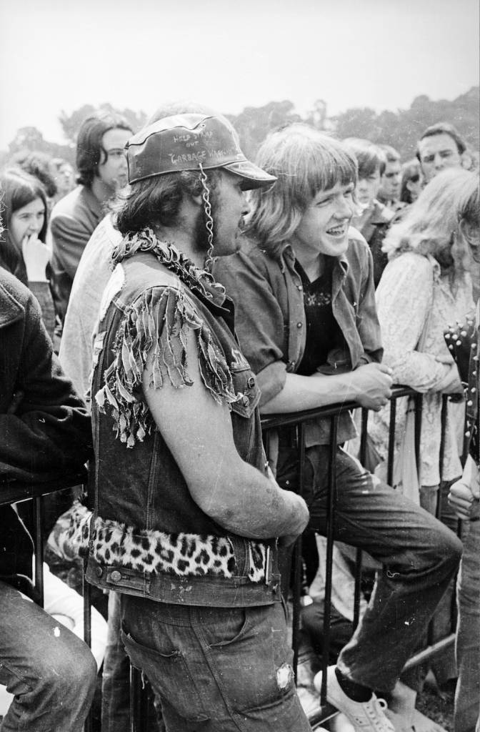 th July 1969: A member of the Hell's Angels provides the security at a Rolling Stones gig in London's Hyde Park. The free outdoor concert was a tribute to recently deceased band member Brian Jones. (Photo by Reg Burkett/Express/Getty Images)