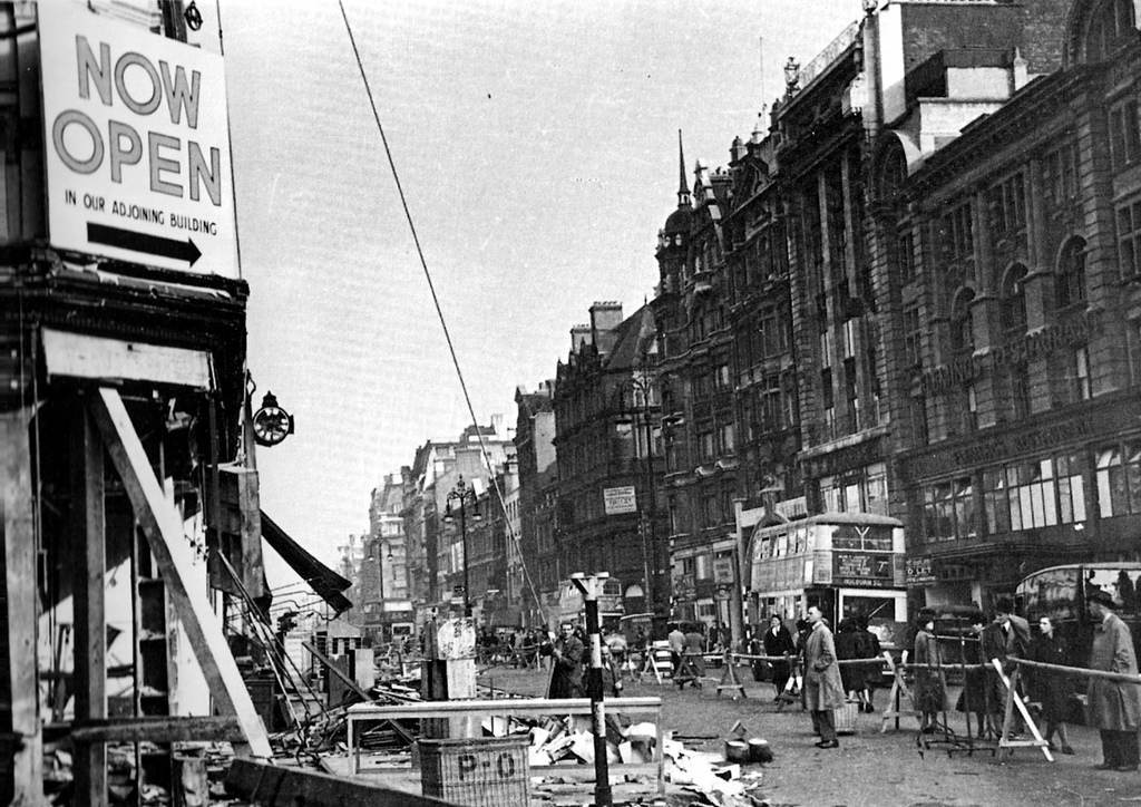 Oxford Street, 1940. What's left of John Lewis on the left.