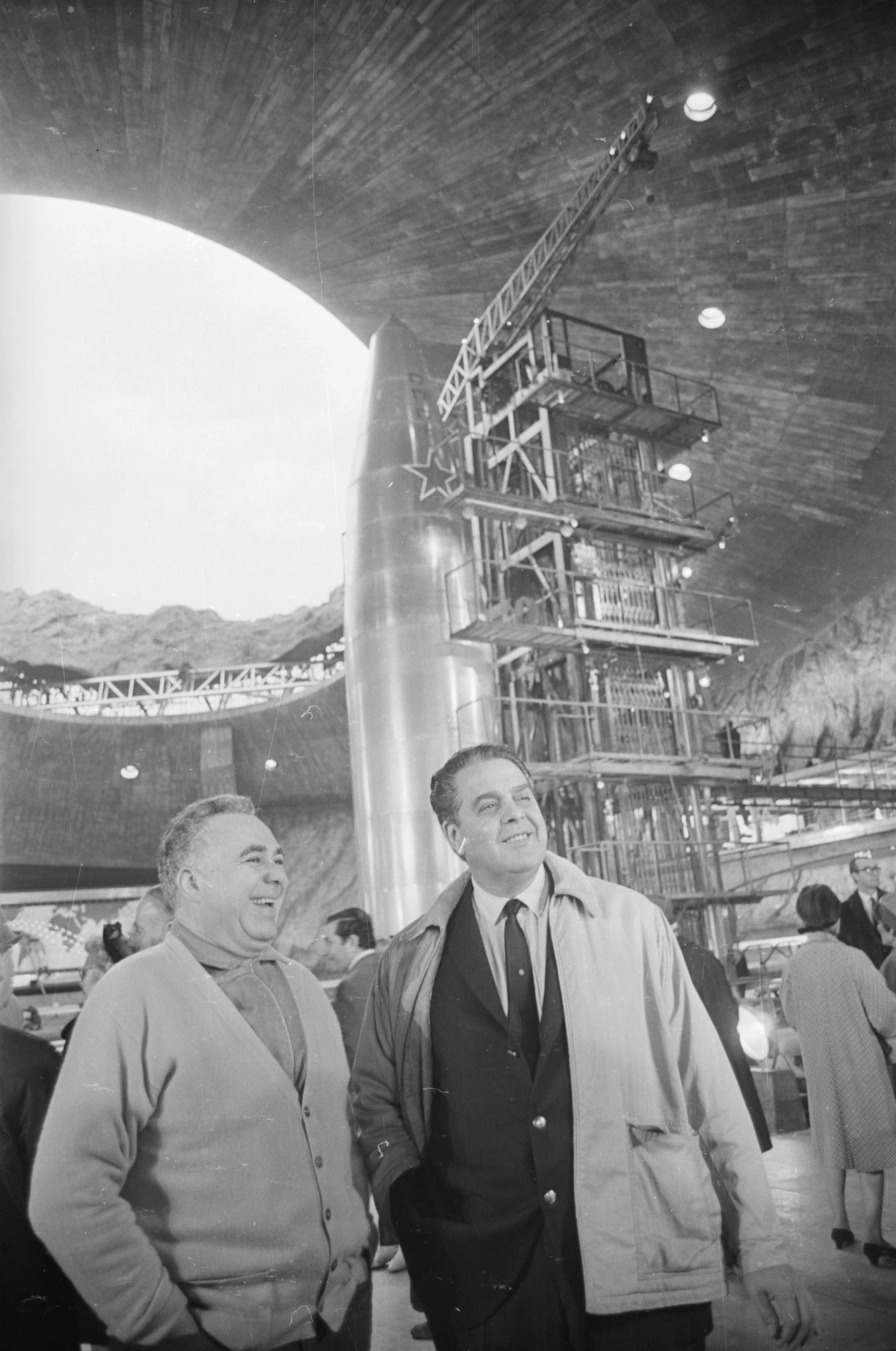 28th October 1966: Co-producers Harry Saltzman (1915 - 1994, left) and Albert Broccoli (1909 - 1996) on the massive purpose-built Pinewood set of the new Bond film 'You Only Live Twice', directed by Lewis Gilbert. (Photo by Larry Ellis/Express/Getty Images)