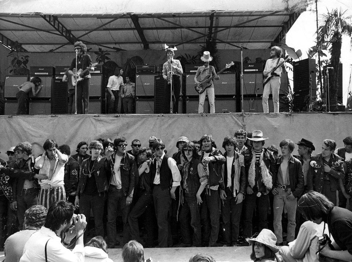 Mandatory Credit: Photo by Mike Randolph/REX/Shutterstock (28139d) Alexis Korner's New Church (Korner, L, Ray Warleigh, Sax) behind Hells Angels 'security' - The Rolling Stones play their 1969 Hyde Park Concert in memory of recently deceased band founder, Brian Jones. VARIOUS - 1969